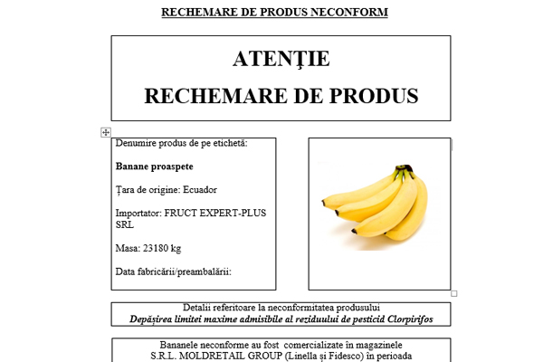 ​ANSA IDENTIFIED BATCH OF BANANAS DANGEROUS TO HEALTH IN RETAIL CHAIN AND IS RECALLING IT 